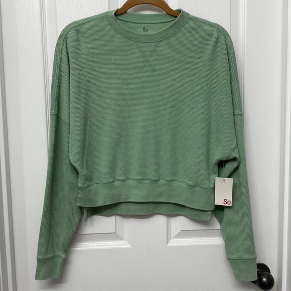 SO Tops - 🆕 SO Oversized Long Sleeve Thermal Cropped Top Green Small